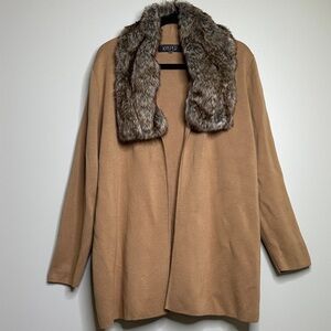 Kasper Camel Tan Open Front Cardigan with Faux Fur Trim Size 2X